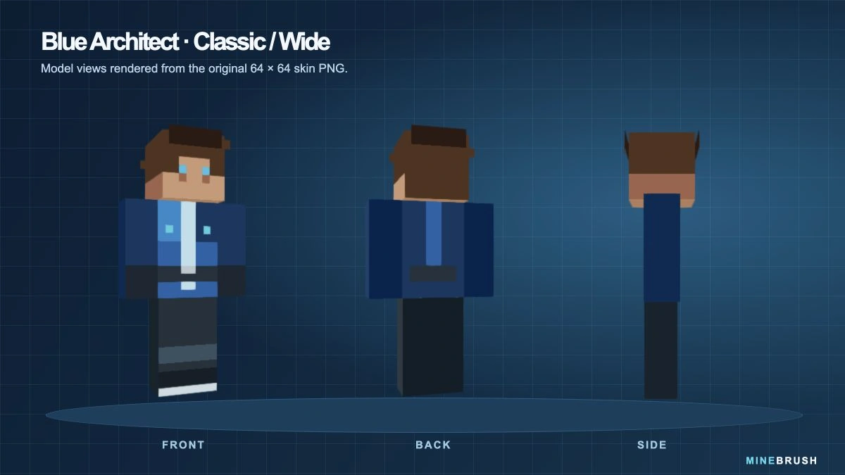 Blue Architect skin rendered from its original PNG in front, back and side views