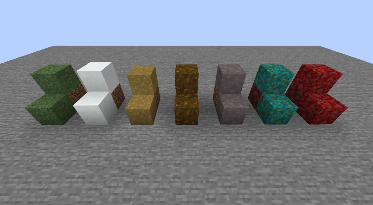 Author showcase of the grass, snowy grass, path, podzol, mycelium and nylium appearances