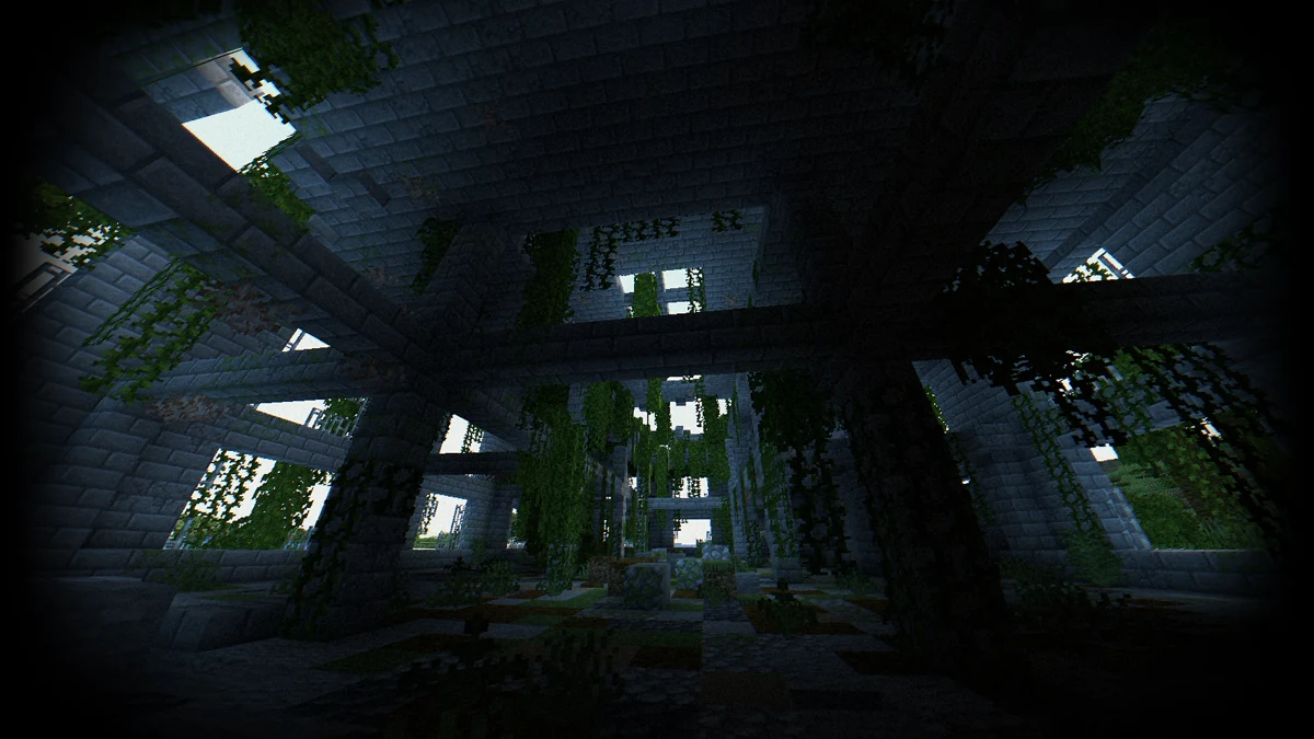 Wide-angle view inside an overgrown building with Body Camera