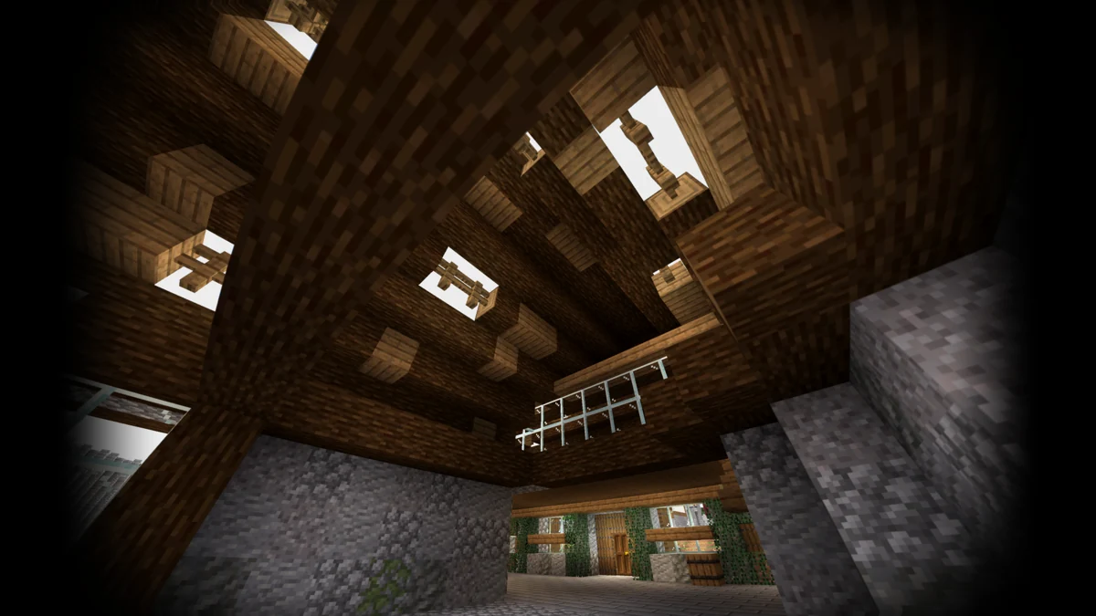 Body Camera view looking up through a bright timber interior