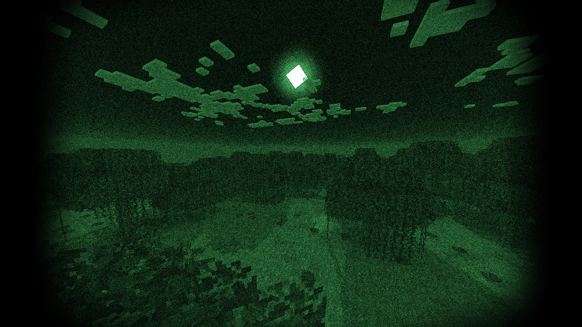 Green night-vision view of a Minecraft landscape