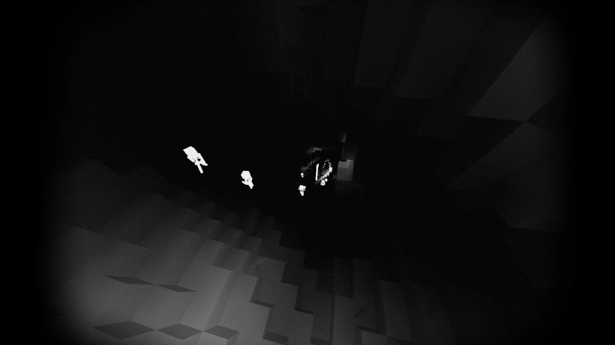 Thermal-style view with bright entity silhouettes in a cave