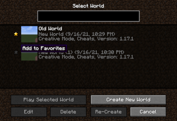 Cherished Worlds author screenshot showing filled and empty stars beside singleplayer worlds