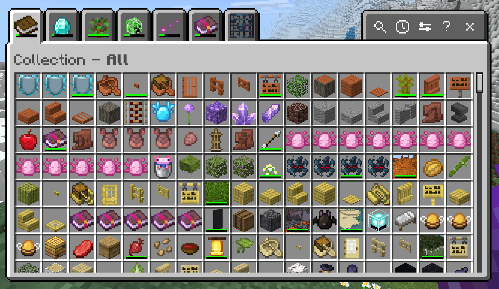 Collect Everything collection browser with item icons and green progress markers