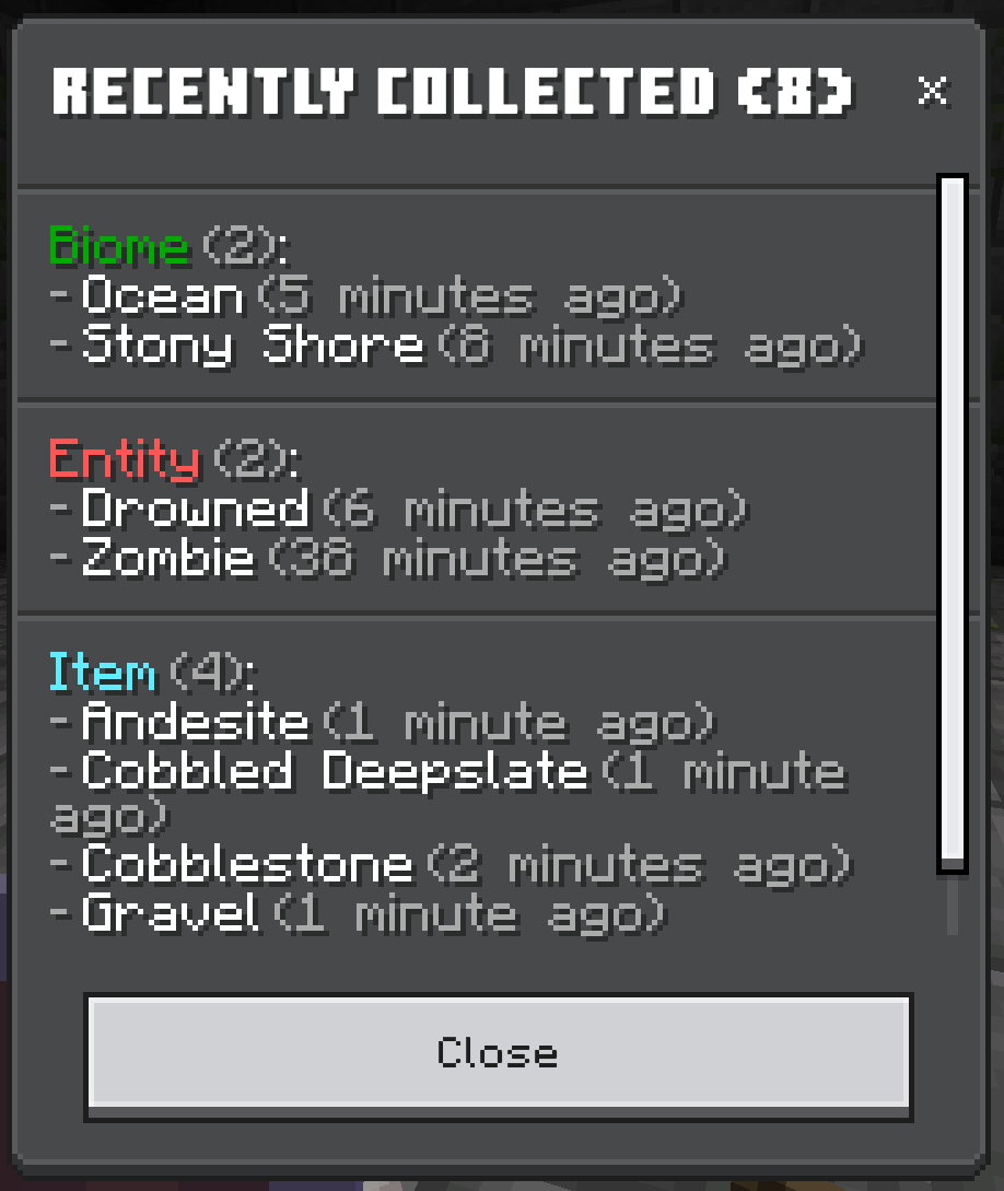 Recently Collected window listing biome, entity and item discoveries