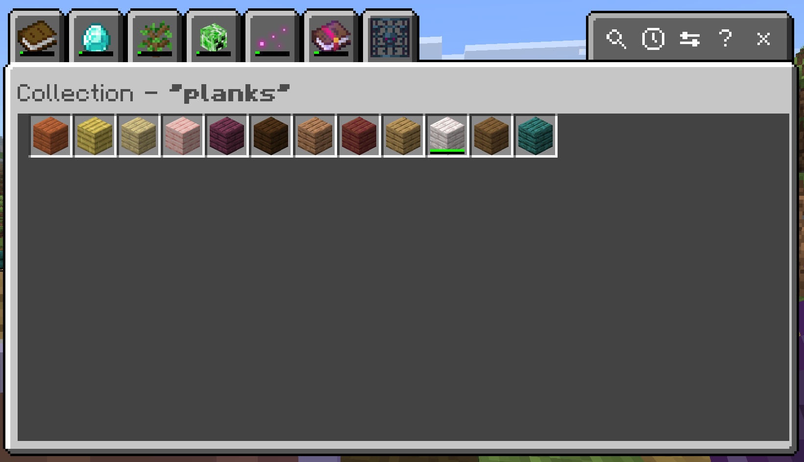 Collection browser filtered to planks with collected and missing wood entries
