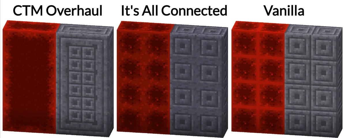 Author comparison of CTM Overhaul, It’s All Connected and vanilla redstone and chiseled stone blocks