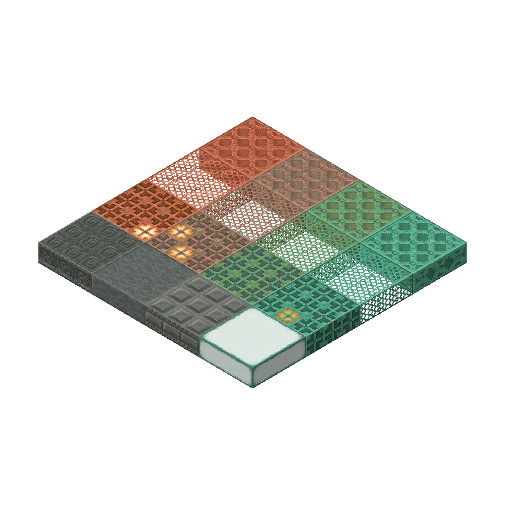 Author 1.21 illustration showing connected copper, copper grates, bulbs and tuff surfaces