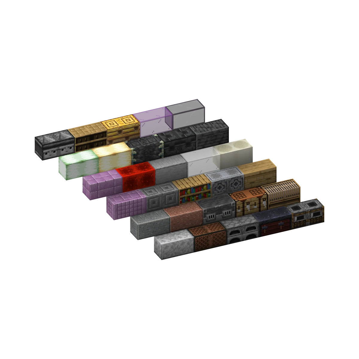 Creator illustration of connected bookshelf, glass, stone, purpur and workstation textures