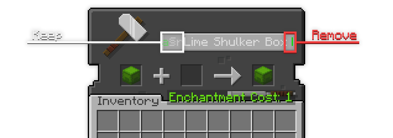 Author anvil instructions showing the trailing space to remove from a lime shulker box name