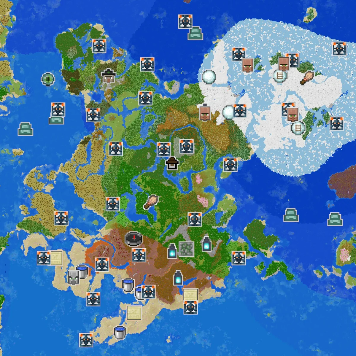 PeasantLord1 annotated map: southern badlands, green inland regions and snowy northeast with structure markers