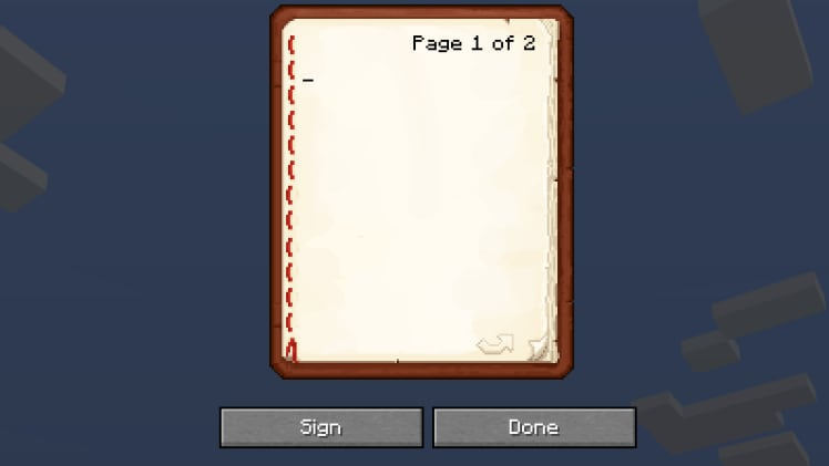 Official Minecraft screenshot of the book and quill writing interface with Done and Sign controls