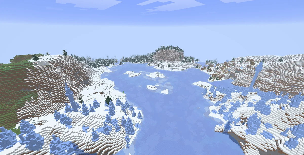 Snowy slopes, spruce trees and an icy basin in a surface image from the seed's author