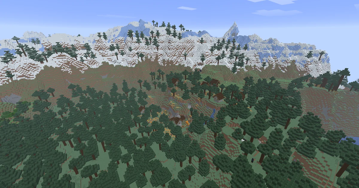 Village buildings among spruce trees below snowy hills in the author's seed gallery