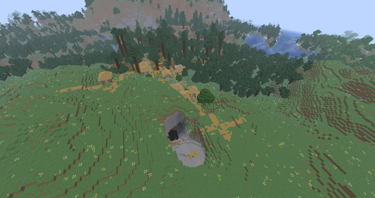 Village at a forest edge with an open depression beside the paths, from the source gallery