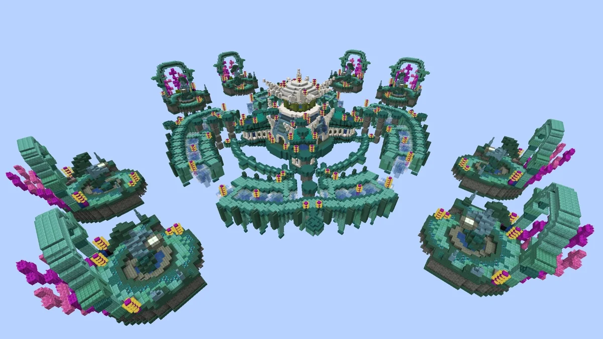 Atlantis SkyWars map for teams of two with turquoise islands around the centre