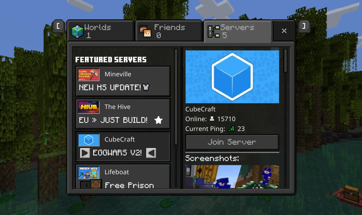 CubeCraft selected in the Bedrock Featured Servers list