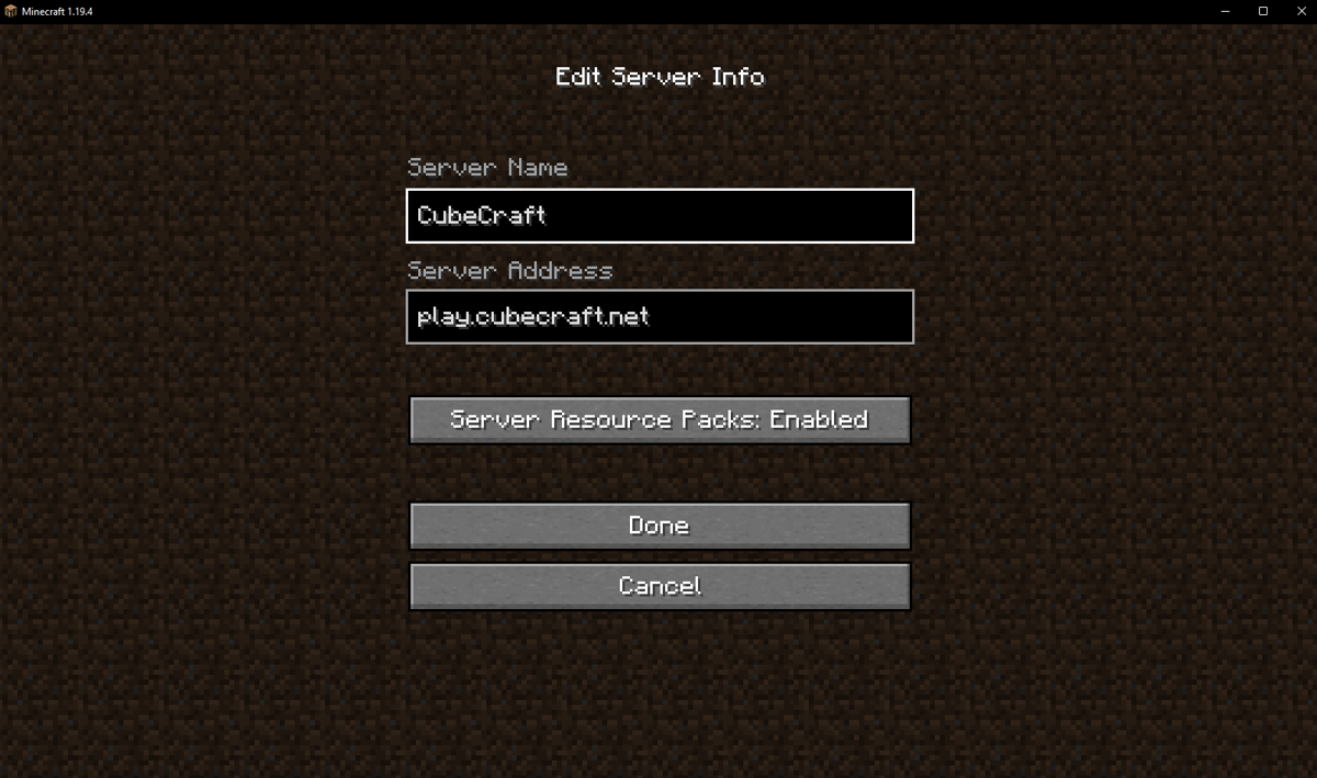 CubeCraft Java address and Enabled server resource packs in the multiplayer menu