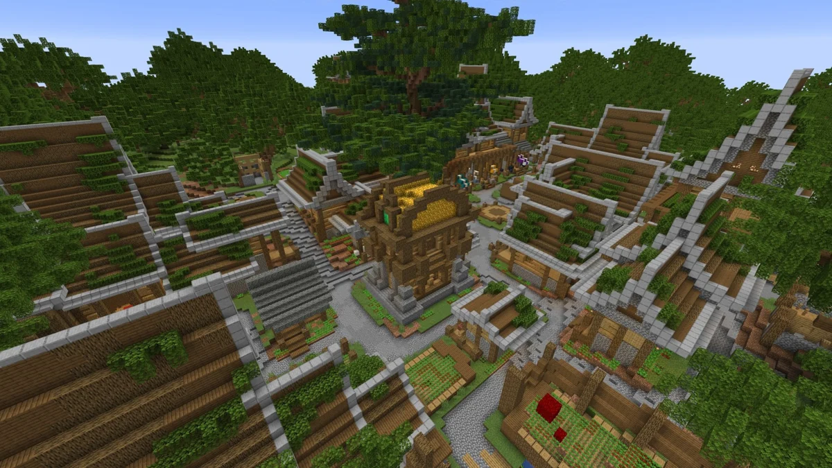 Oak Forest Skyblock hub with wooden buildings paths and a large tree