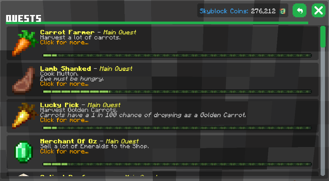 CubeCraft Skyblock quest menu with tasks and progress bars