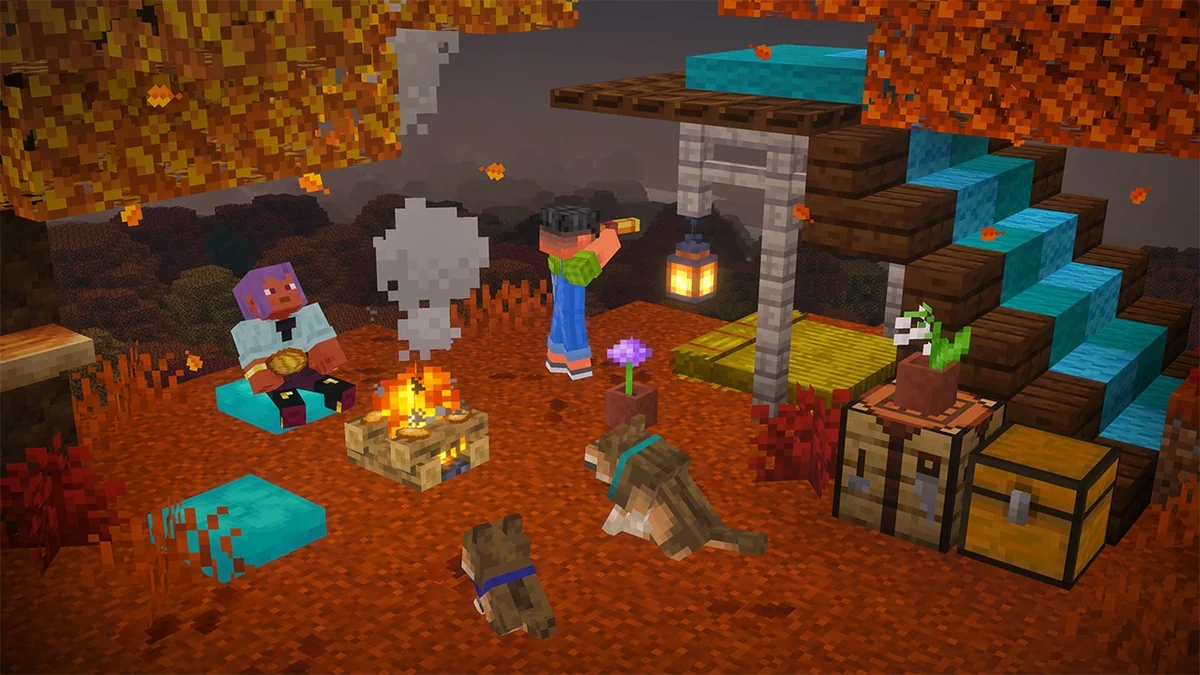 Official Minecraft forest campsite with a campfire, wolves, a teal shelter, cushions and a straw bed