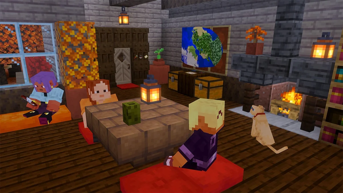 Official Minecraft scene showing a bright poplar interior with seated players, a cat and colorful cushions