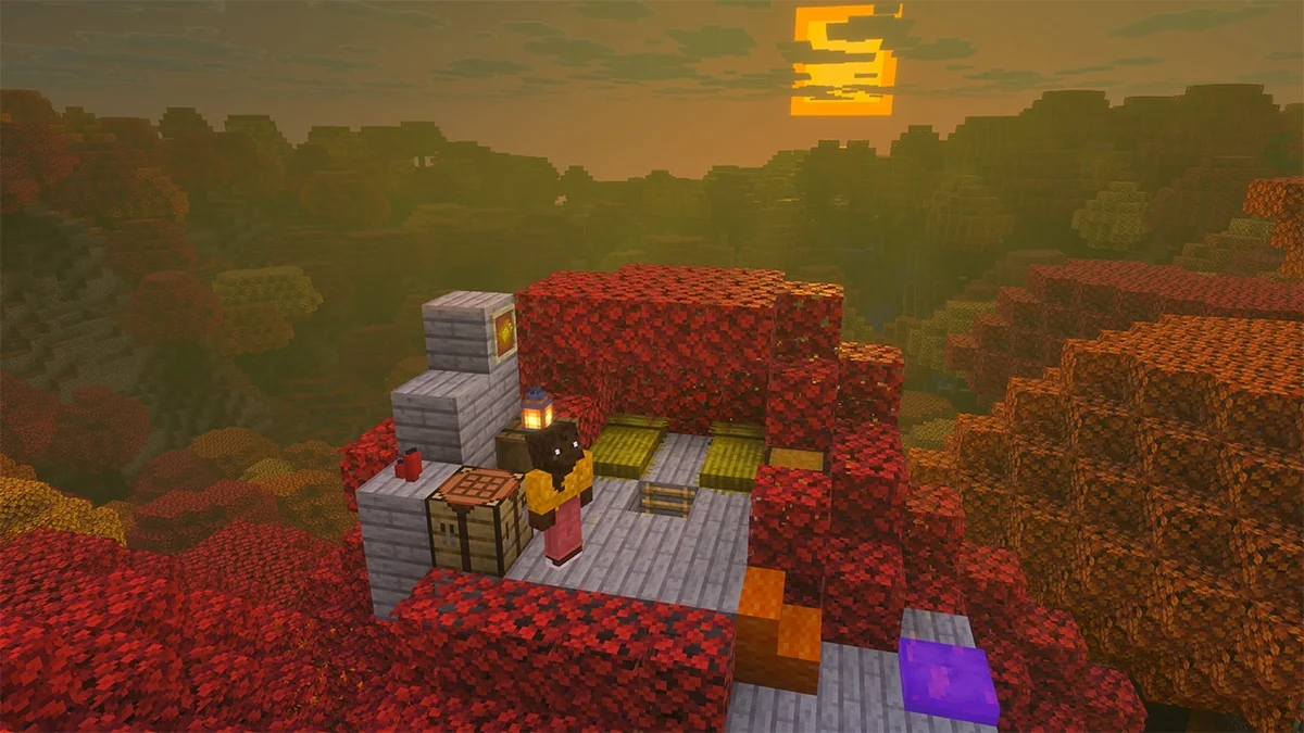 Official Minecraft sunset scene with two straw beds on a raised platform among red poplar trees