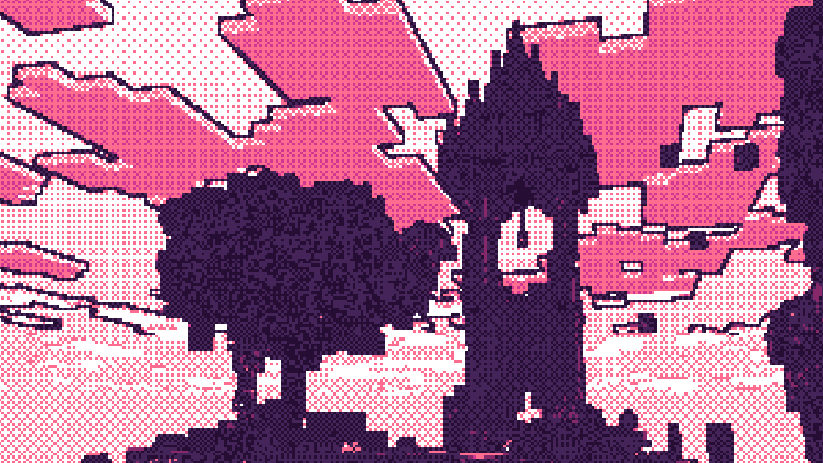 Dither shader: Inkpink: bold sky-island silhouettes