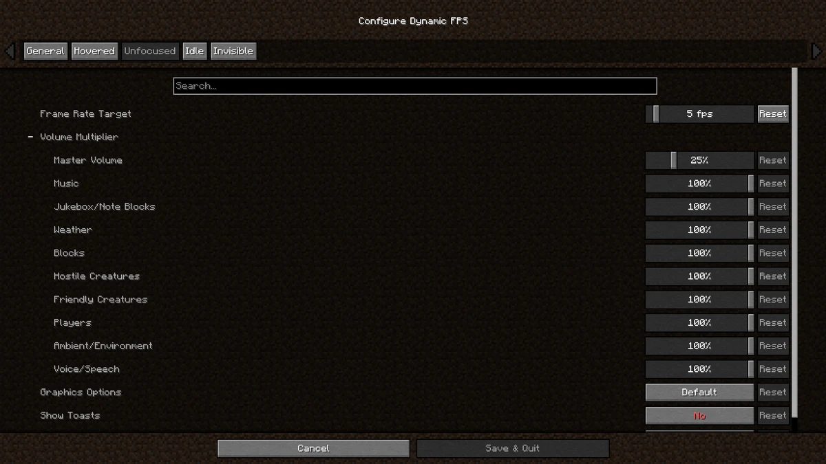 Author Dynamic FPS sound settings showing master volume and separate Minecraft sound category multipliers