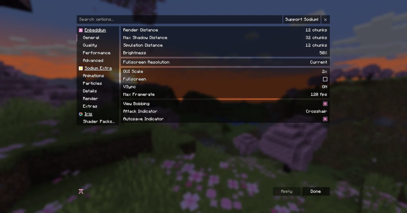 Embeddium settings screen with search and General, Quality, Performance and Advanced categories