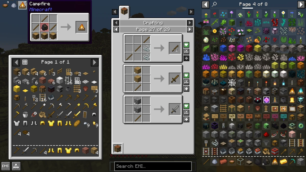 Official EMI interface screenshot showing the item index, recipe panels, search field and favourites