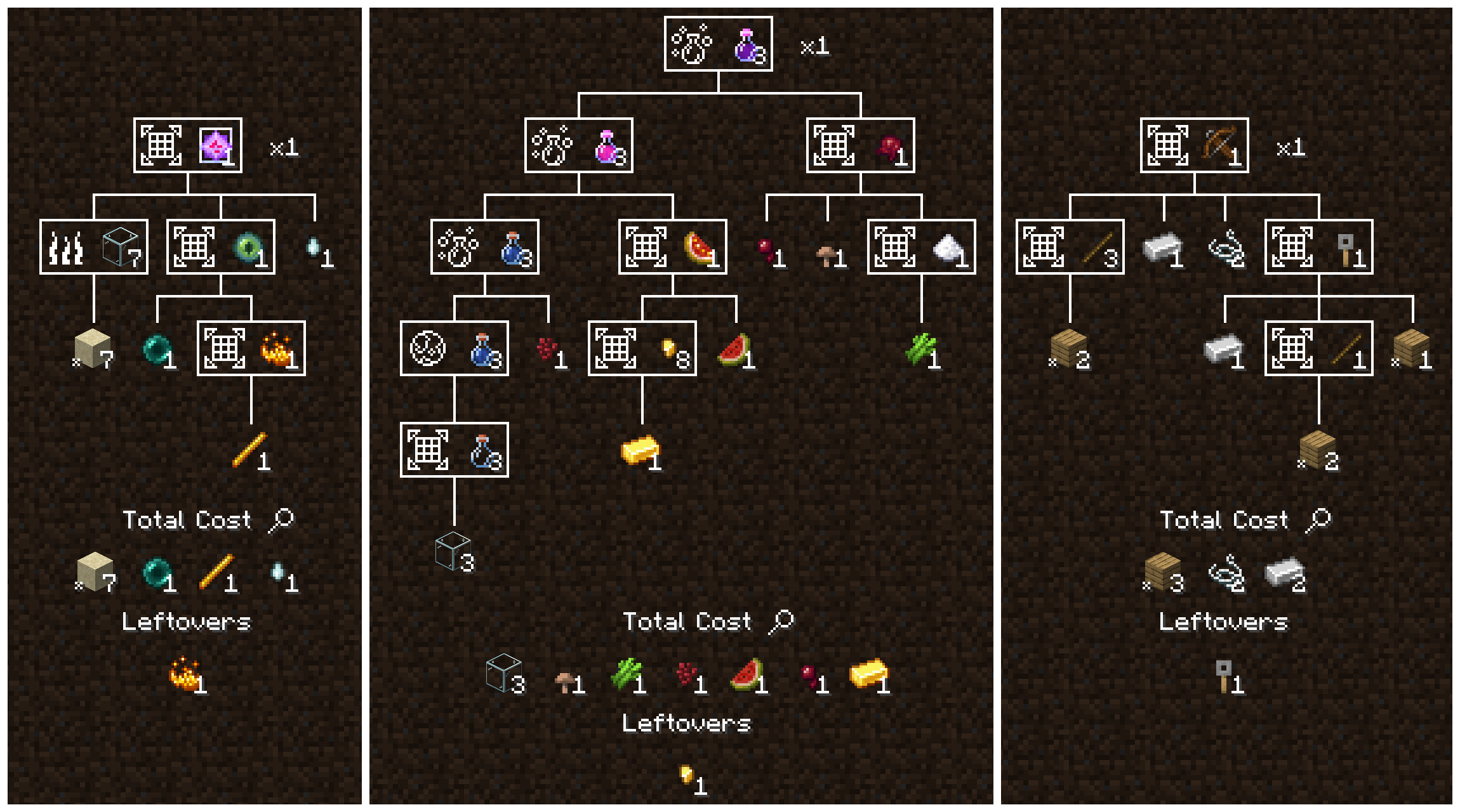 Author EMI recipe-tree examples for an end crystal, potion and crossbow, with total costs and leftovers