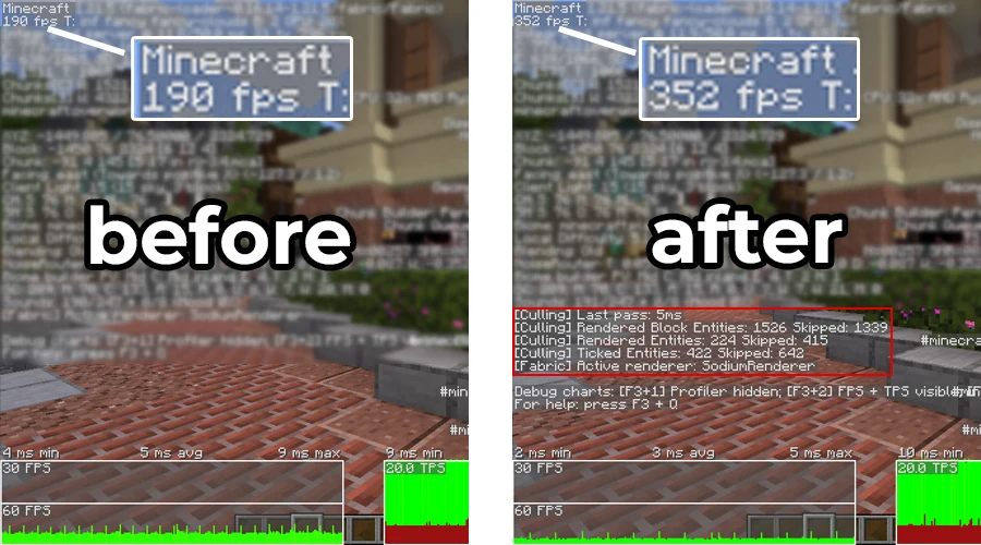 Author comparison of the same Scarland view before and after enabling Entity Culling
