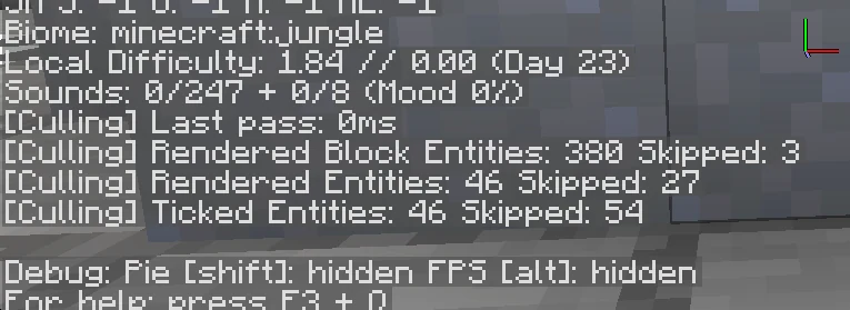 Historical Entity Culling debug overlay showing rendered and skipped object counts
