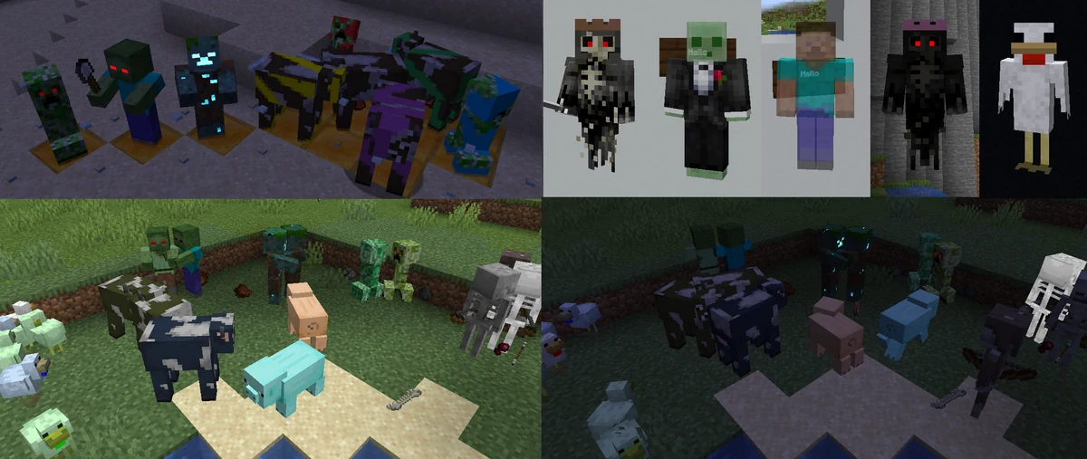 Author collage showing varied mob textures, bright emissive details at night and optional player skin effects