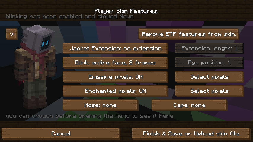 Official ETF skin tool example with blinking, eye position, emissive pixel selection and save controls