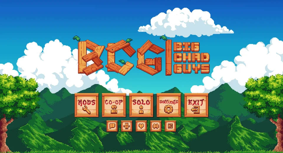 BigChadGuys custom title screen with wooden Mods, Co-op, Solo, Settings and Exit buttons