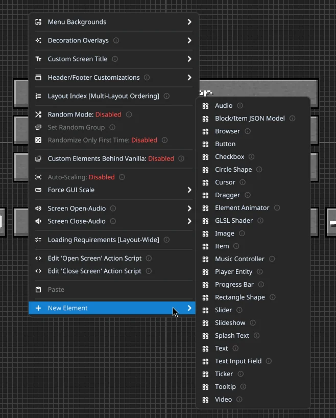 FancyMenu editor context menu showing New Element and choices including Button, Image and Text