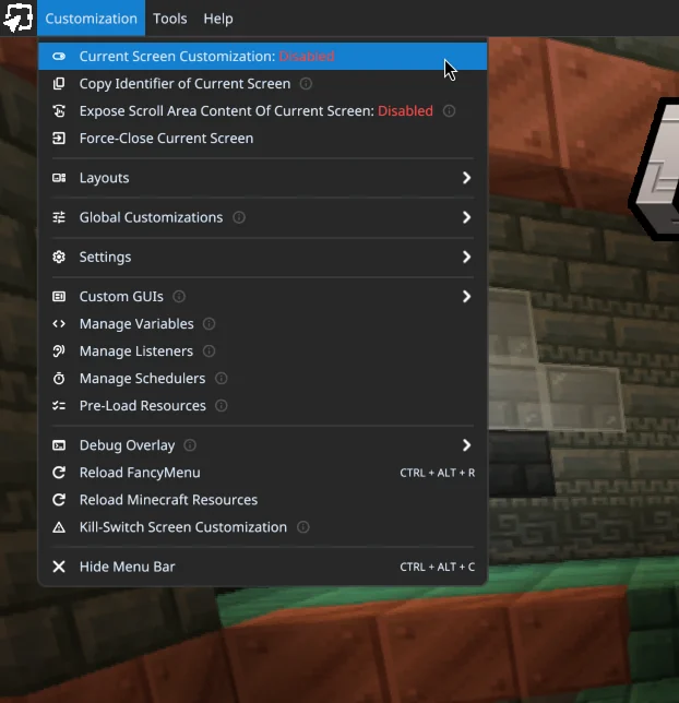 FancyMenu Customization menu with Current Screen Customization Disabled highlighted
