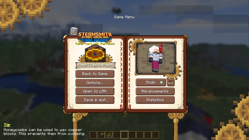 Aaby custom pause screen styled as an open book with game navigation buttons