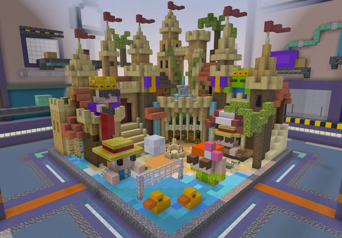 Sandcastle contest build with towers flags market stalls and a moat