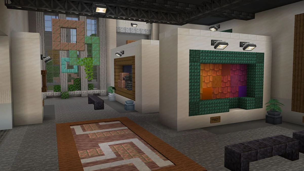Art Gallery Hide and Seek map with framed block artwork and benches