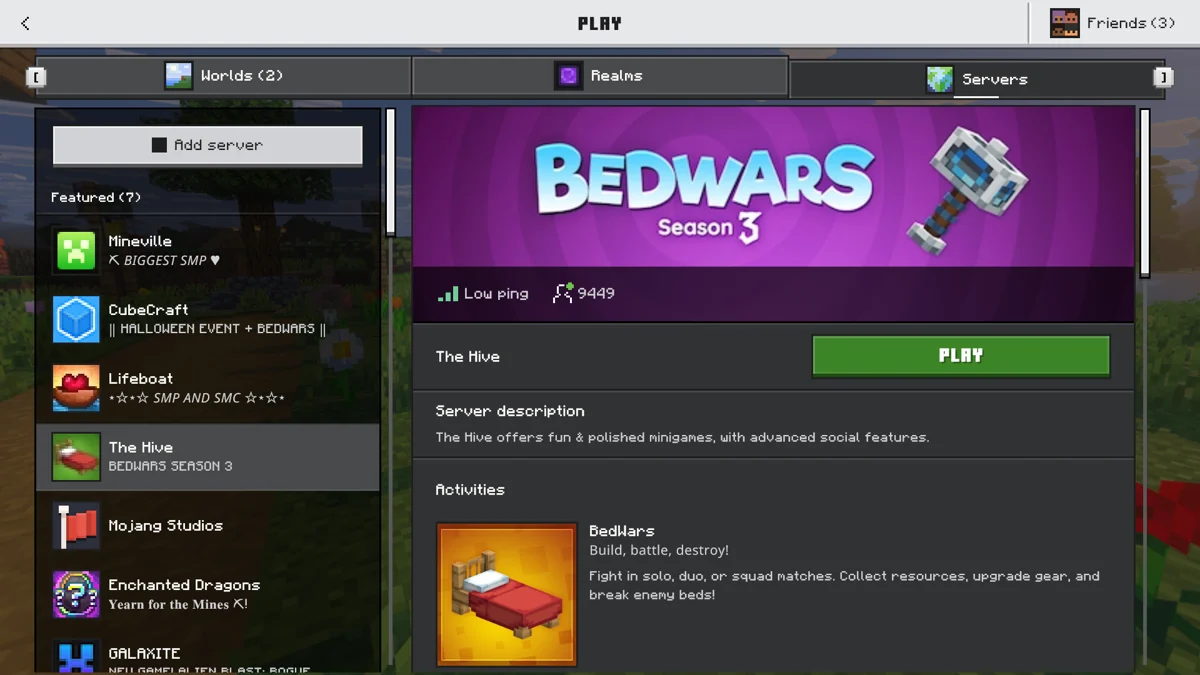 Official Minecraft Bedrock Servers menu with The Hive selected