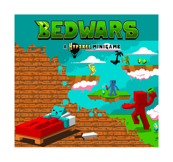 Official Bed Wars artwork with a bed and floating islands