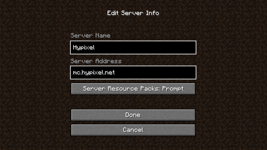 Hypixel support screenshot showing mc.hypixel.net in Server Address
