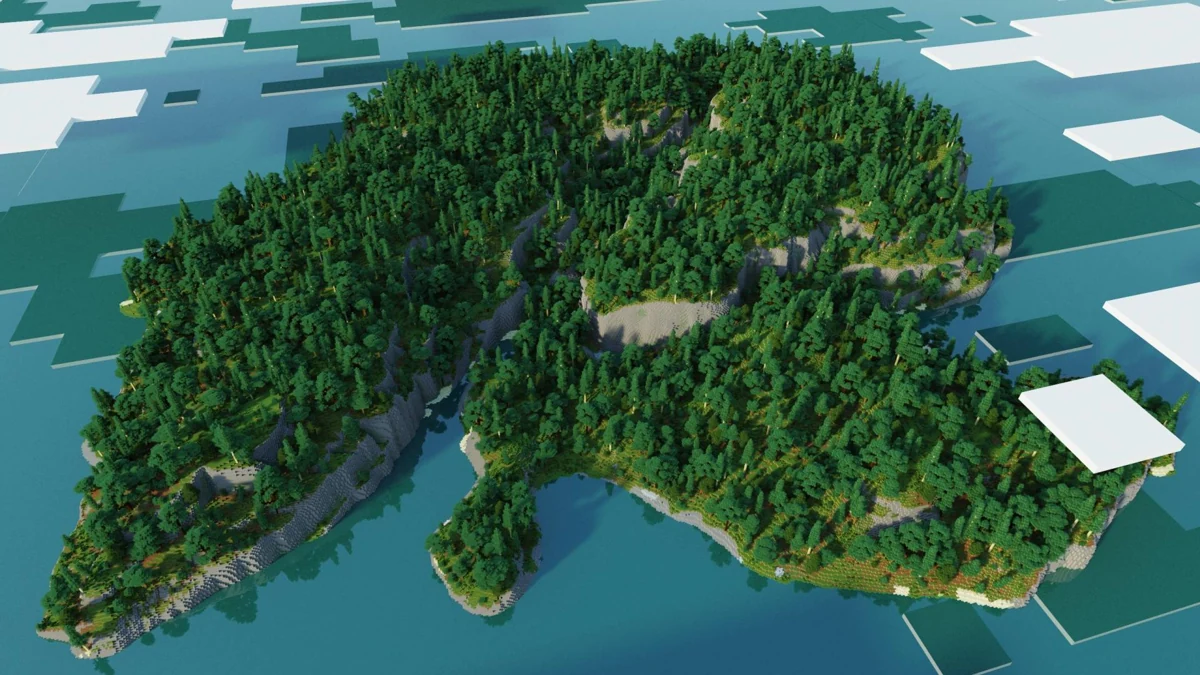 Overview of the forested Survival Island with rocky inlets