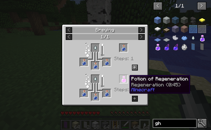 Author's JEI brewing demonstration showing potion recipes and a Potion of Regeneration tooltip