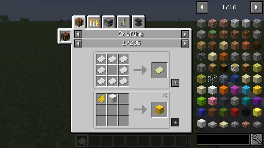 Author's JEI interface showing crafting categories above recipes and an item list on the right