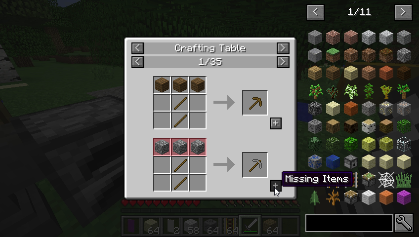 JEI author's recipe completion screenshot highlighting missing cobblestone in red with a Missing Items tooltip