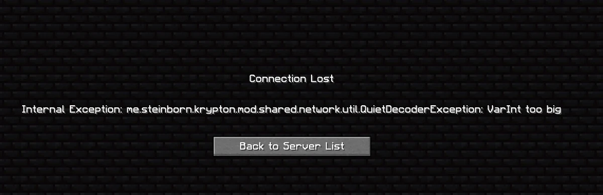 Historical Minecraft Connection Lost screen reporting a Krypton QuietDecoderException and VarInt too big